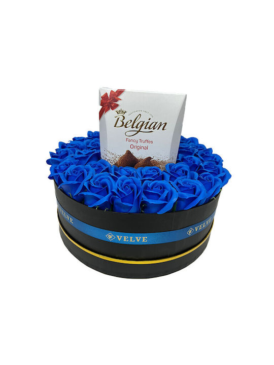 Aranjament Floral În Cutie Rotundă Trandafiri Săpun Ciocolată Belgiană Flori Uscate Parfumate Albastre