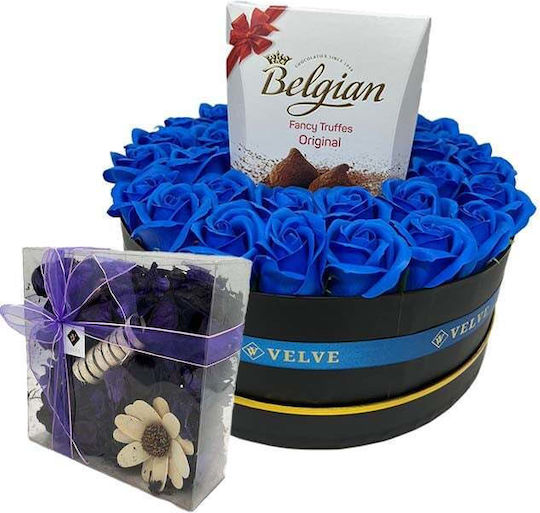 Aranjament Floral În Cutie Rotundă Trandafiri Săpun Ciocolată Belgiană Flori Uscate Parfumate Albastre