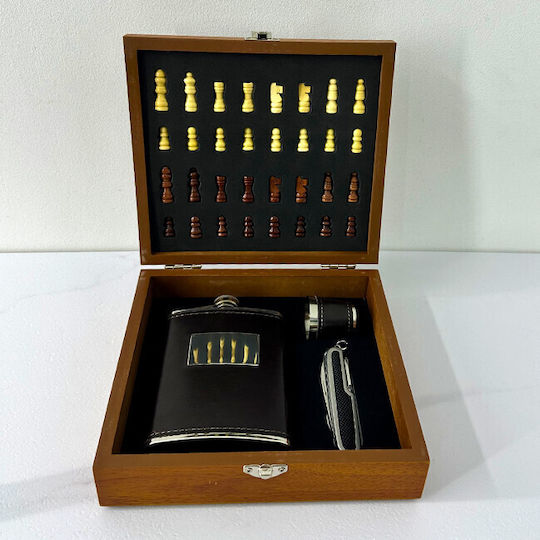Set Cadou pentru Bărbați Vlv Cutie Piese de Șah Tirbușon Sticlă de Băut Pahar Acoperit cu Piele Ecologică Maro Închis 20x18x6cm