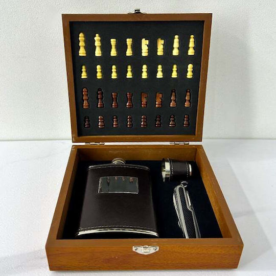 Set Cadou pentru Bărbați Vlv Cutie Piese de Șah Tirbușon Sticlă de Băut Pahar Acoperit cu Piele Ecologică Maro Închis 20x18x6cm