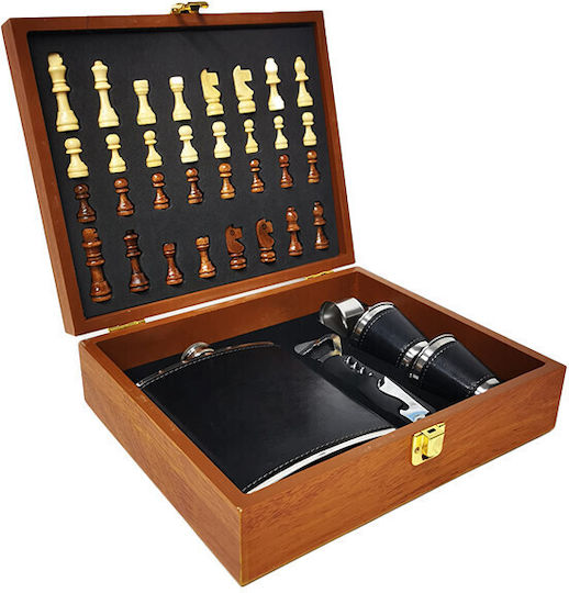 Set Cadou Pentru Bărbați Vlv Cutie Piese De Șah Tirbușon Sticlă De Băut Pahare Acoperite Cu Piele Ecologică Neagră 26x22x8cm