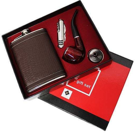 Vlv Herren Geschenkset 4 Teile Trinkflasche Pfeife Trichter Taschenmesser Braune