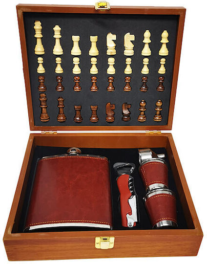 Set Cadou pentru Bărbați Vlv Cutie Piese de Șah Tirbușon Sticlă de Băut Pahare Înfășurate în Piele Ecologică Maro 26x22x8cm