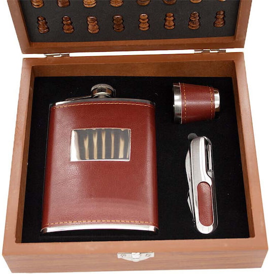 Set Cadou pentru Bărbați Vlv Cutie Piese de Șah Tirbușon Sticlă de Băut Pahar Îmbrăcată în Eco-piele Maro 20x18x6cm