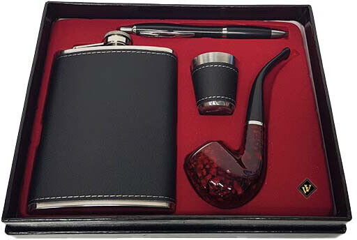 Men's Gift Set Vlv 4 Pieces Including Flask Pipe Pen Glass Black