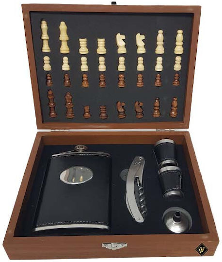 Men's Gift Set Vlv Box Chess Pieces Corkscrew Flask Glasses Covered in Eco Leather Black