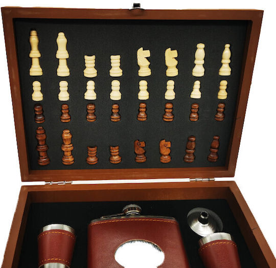 Set Men Box Givesdrink Piese Șah Flask 4 Pahare Acoperite Cu Piele Ecologică Maro