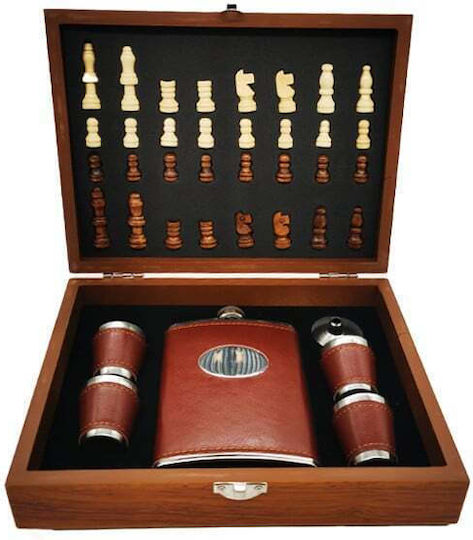 Set Men Box Givesdrink Piese Șah Flask 4 Pahare Acoperite Cu Piele Ecologică Maro