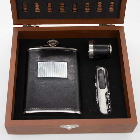 Set Cadou Bărbați Vlv Cutie Piese Șah Tirbușon Sticlă de Băut Pahar Înfășurat în Eco-piele Neagră 20x18x6cm