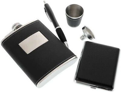 Vlv Men's Gift Set 5 Pieces Flask Pen Glass Funnel Cigarette Case Black