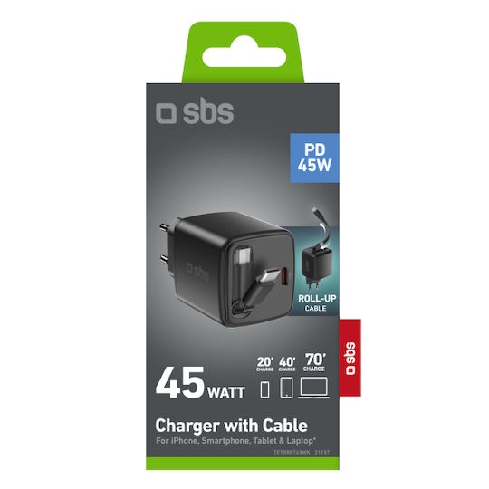 SBS Charger with Built-in Cable GaN with USB-C Port USB-C 45W Power Delivery Blacks (TETRRET45WK)