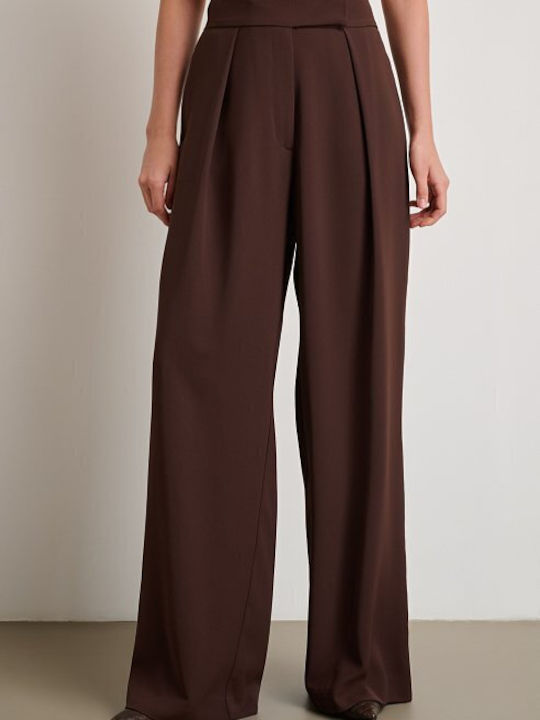 Women's High-waisted Fabric Trousers with Elastic Regular Fit Brown