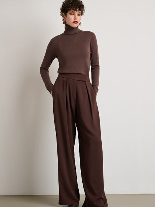 Women's High-waisted Fabric Trousers with Elastic Regular Fit Brown