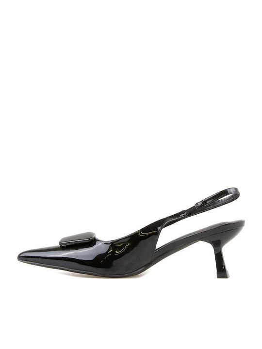 Patent Leather Pointed Toe Black Heels with Strap