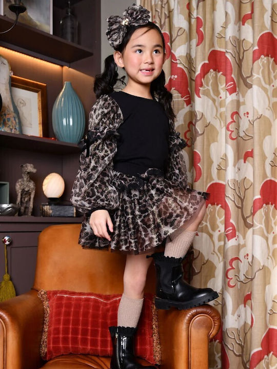 Fustă Plisată pentru Copii din Tulle Leopard Neagră