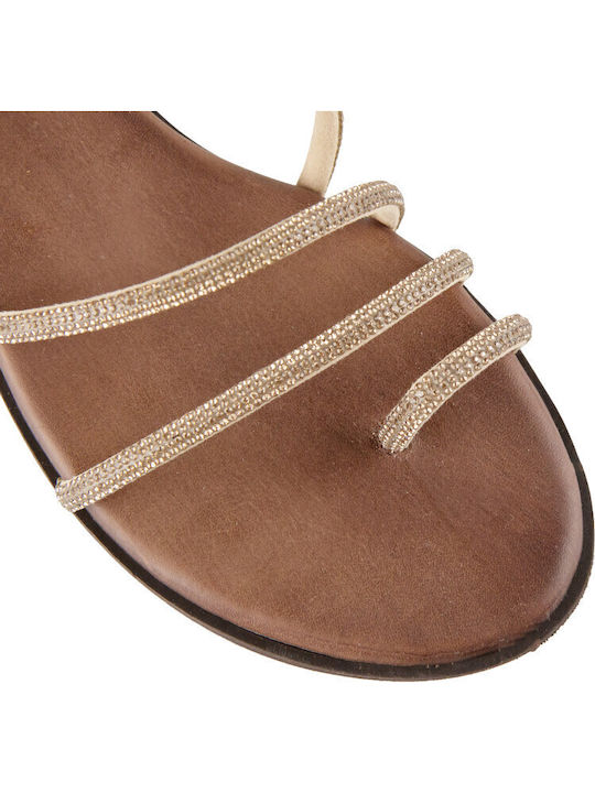 Leather Women's Flat Sandals in Gold Color