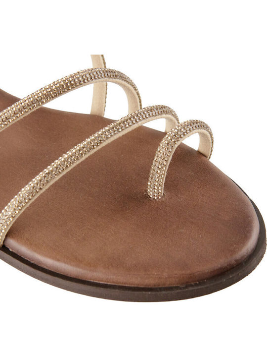 Leather Women's Flat Sandals in Gold Color