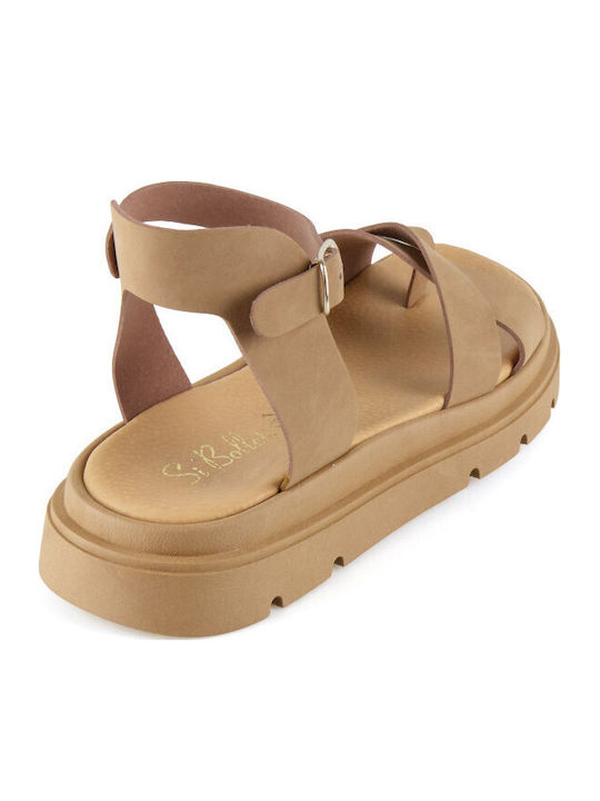 Δερμάτινα Γυναικεία Σανδάλια Flatforms Καφέ