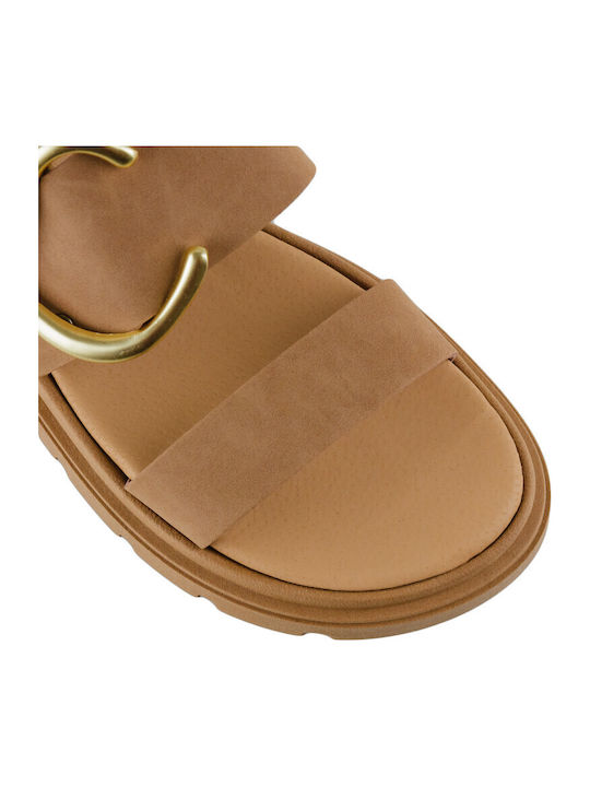 Leather Women's Flat Sandals Flatforms in Brown Color