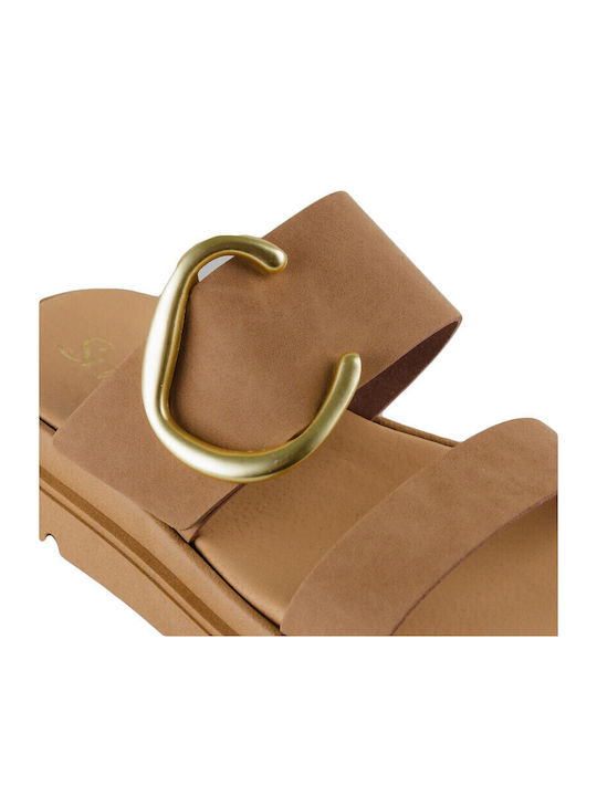 Leather Women's Flat Sandals Flatforms in Brown Color