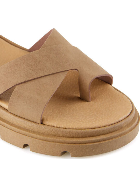 Δερμάτινα Γυναικεία Σανδάλια Flatforms Καφέ