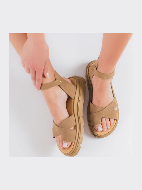 Δερμάτινα Γυναικεία Σανδάλια Flatforms Καφέ