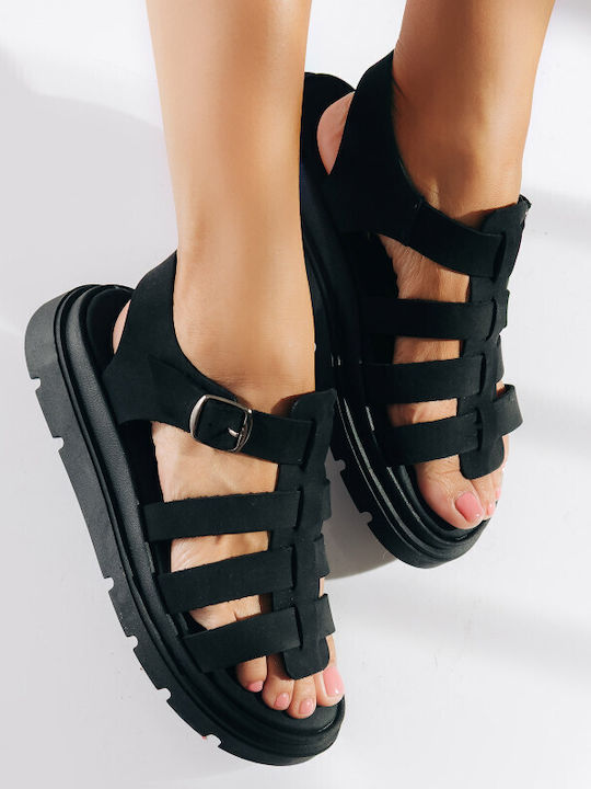 Дамски Кожени Сандали Gladiator Flatforms Черни
