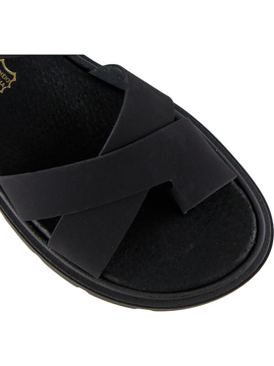 Leather Women's Flat Sandals Flatforms in Black Color