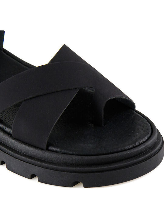 Leather Women's Flat Sandals Flatforms in Black Color