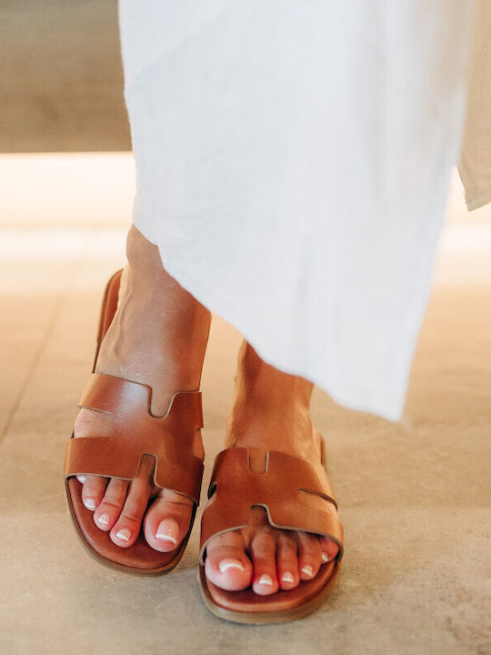 Leather Women's Flat Sandals in Brown Color