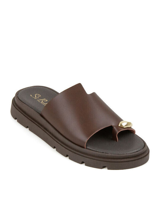 Leather Women's Flat Sandals Flatforms in Brown Color