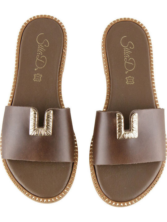 Leather Women's Flat Sandals in Brown Color
