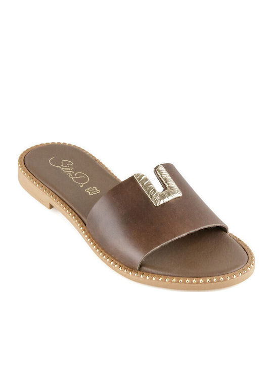 Leather Women's Flat Sandals in Brown Color