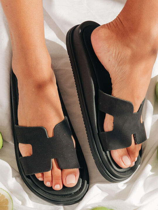 Leather Women's Flat Sandals Flatforms in Black Color