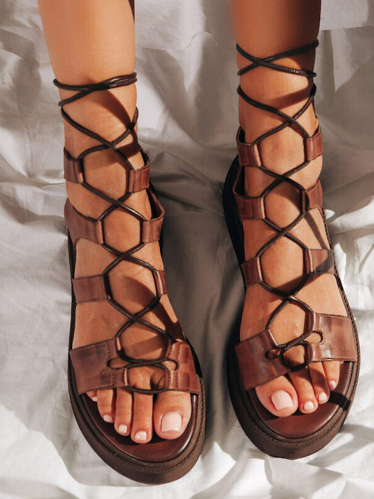 Дамски Кожени Сандали Flatforms Кафяви