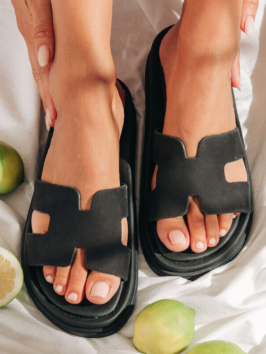 Leather Women's Flat Sandals Flatforms in Black Color