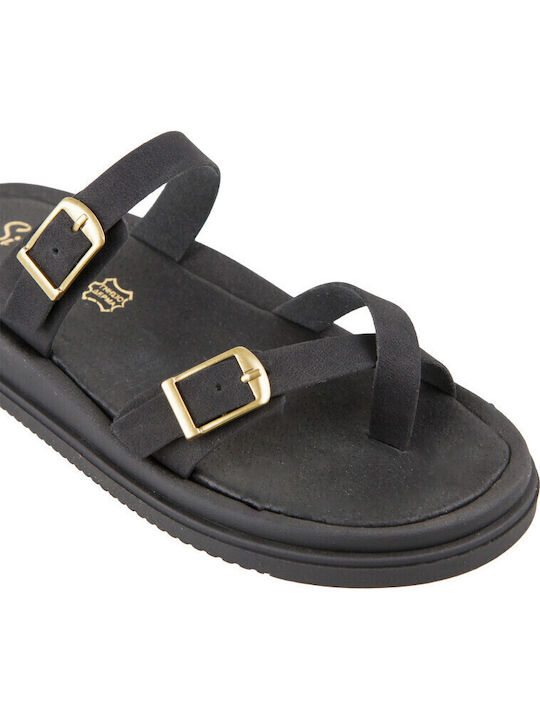Δερμάτινα Γυναικεία Σανδάλια Flatforms Μαύρα