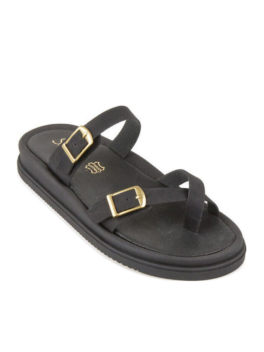 Δερμάτινα Γυναικεία Σανδάλια Flatforms Μαύρα