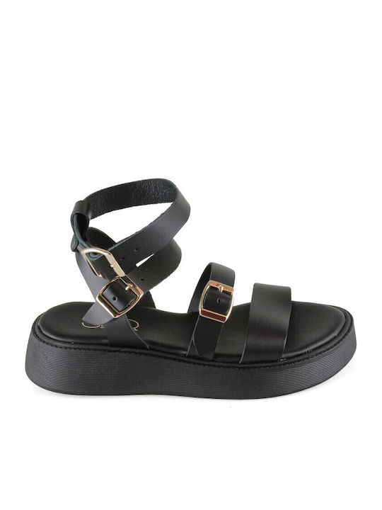 Leather Women's Flat Sandals Flatforms in Black Color
