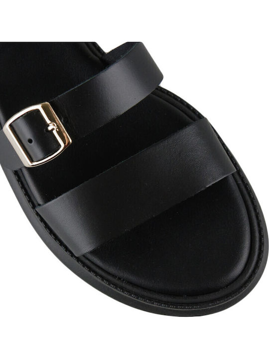 Leather Women's Flat Sandals Flatforms in Black Color