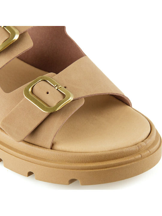 Leather Women's Flat Sandals Flatforms in Brown Color