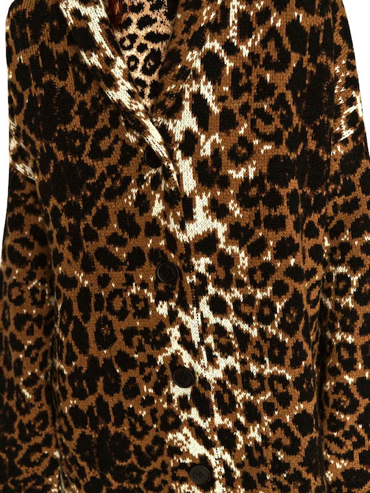 Wool Women's Leopard Beige Coat with Buttons
