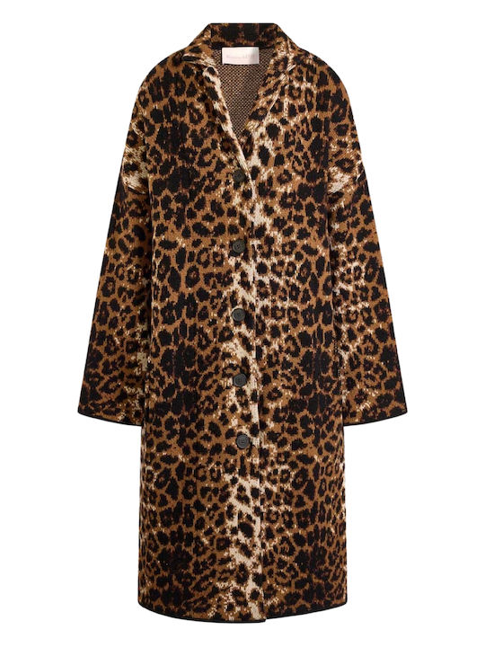 Wool Women's Leopard Beige Coat with Buttons