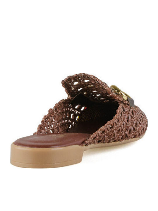 Leather Mules with Heel in Brown Color