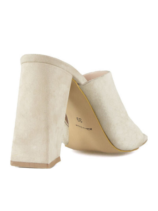Leather Mules with Heel in Beige Color