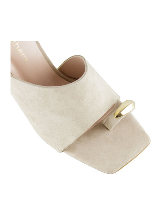 Leather Mules with Heel in Beige Color