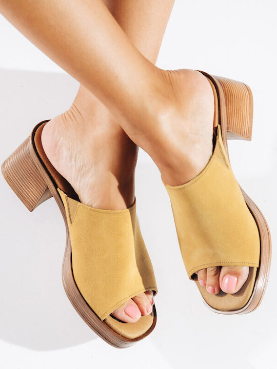 Leather Mules with Chunky Heel in Brown Color