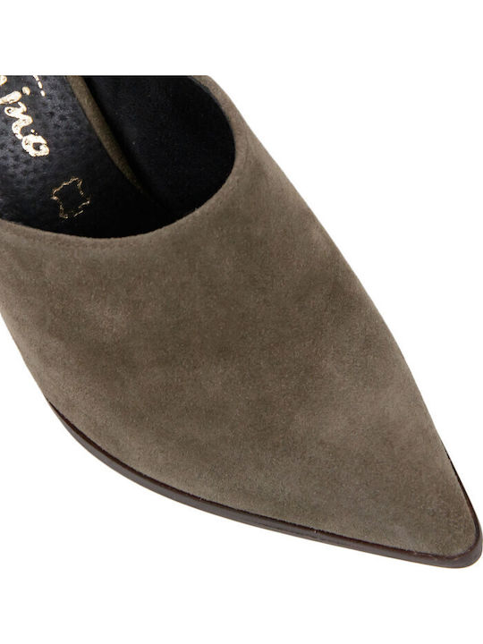 Leder Mules mit Hoch Absatz in Khaki Farbe