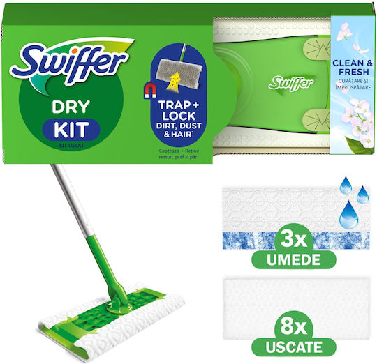 Swiffer Trap Lock Basic Kit 1 Mop 8 Dry Cloth Refills + 3 Wet Cloth Refills