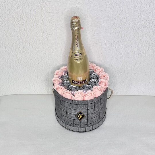 Velve Silber Geschenk Blumenarrangement Seifenrosen Angelli Cuvee Gold Sekt